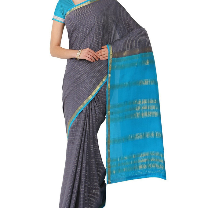 Grey and Anandha Blue Contrast Checks Pure Mysore Silk Saree | KSIC Sarees | Creape Saree | Mysore silk sarees online