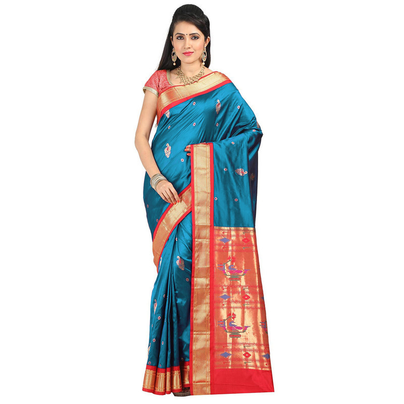 Paithani Pure Silk  Rama Blue and Red Border  Meena Butta  Saree with Silk Mark