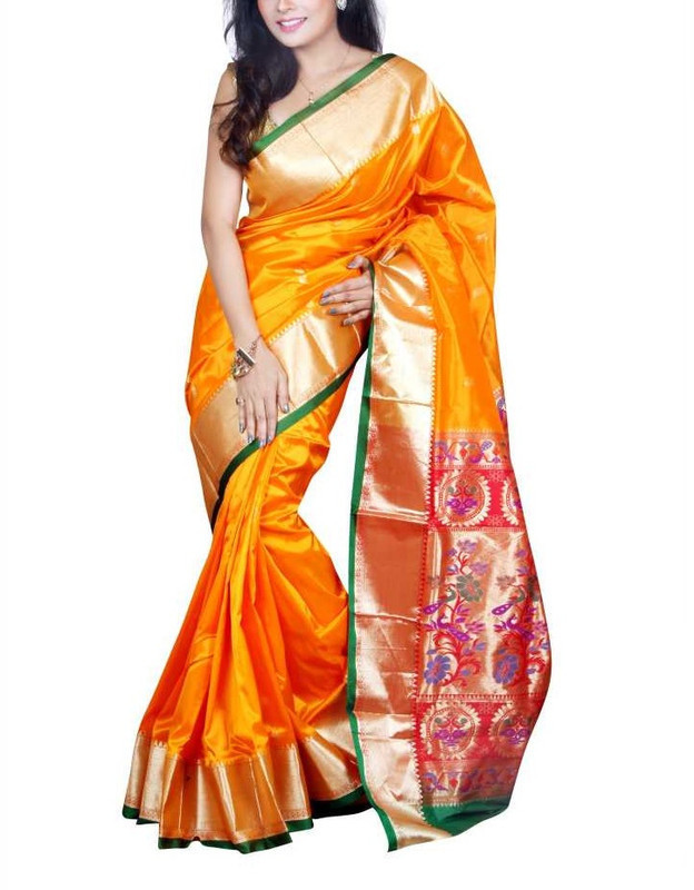 Orange and Green Border Paithani Sarees | Paithani sarees online | New paithani sarees