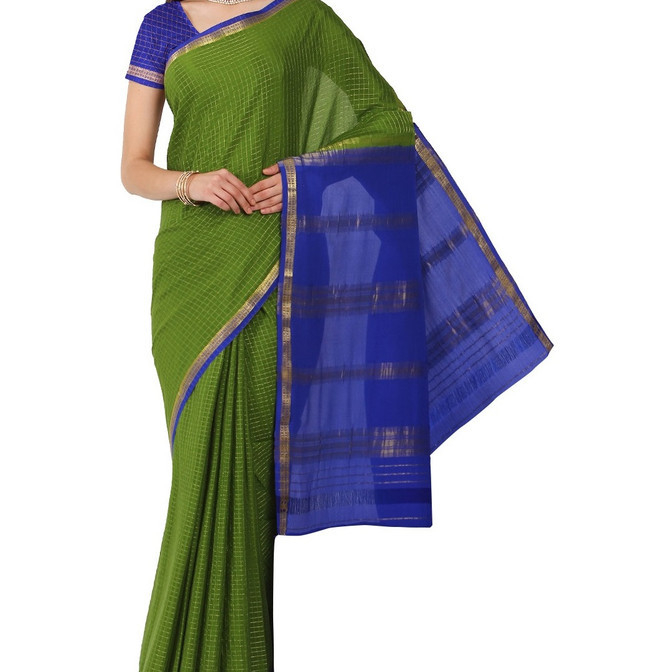 Mehndi Green and Royal Blue Checks Pure Mysore Silk Saree | KSIC Sarees | Creape Saree | Mysore silk sarees online