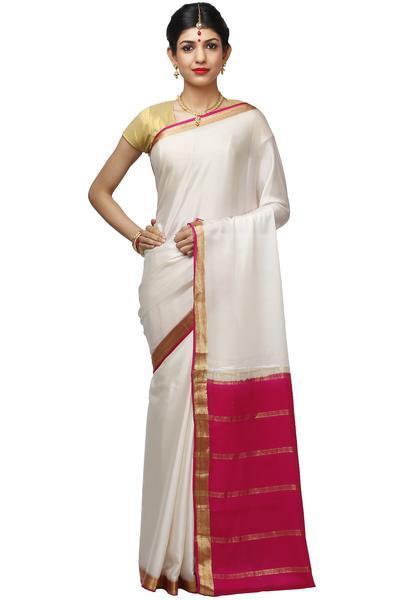 Milk White with Rani Pink Mysore Silk Saree | KSIC Sarees | Creape Saree | mysore silk sarees online