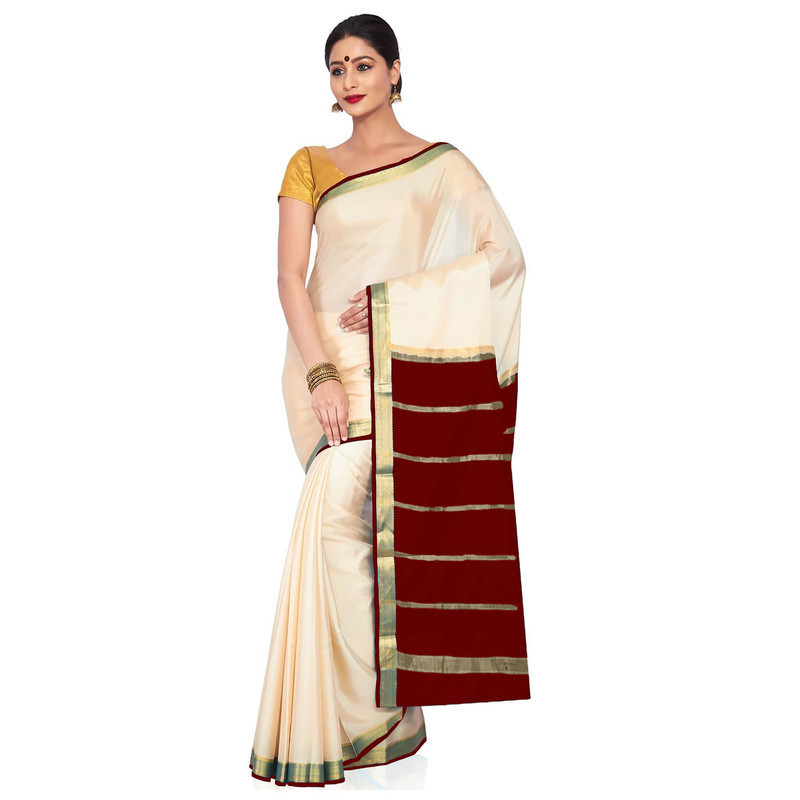Tussar Cream with Marron  Kerala sari | Onam Saree | Kasavu Saree | Kasavu Saree Online