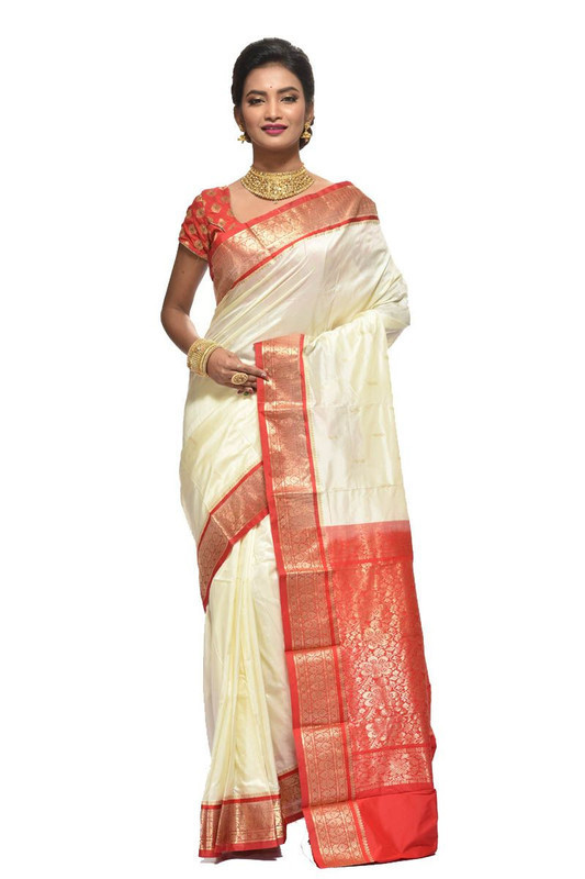 Milk White and Red Kanchipuram Silk Sarees  Silk Saree  Saree Online  traditional kanchipuram silk sarees online shopping
