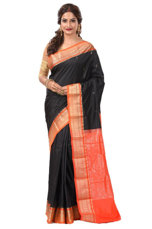 Black and Orange Contrast Pink Kanchipuram Silk Sarees  Silk Saree  Saree Online  traditional kanchipuram silk sarees online shopping