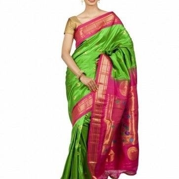 Paithani Pure Silk  in Parrot Green with Rani Contrast Border Meena Butta Saree with Silk Mark