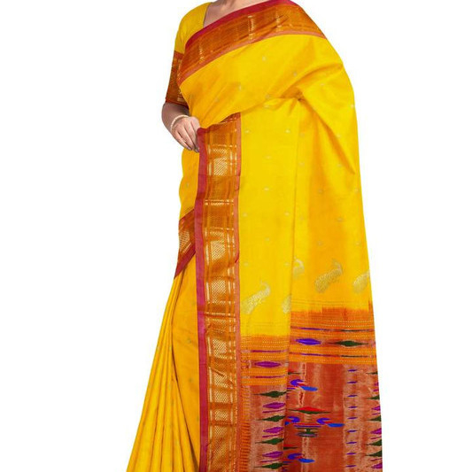 Paithani Pure Silk  in Yellow with Red Contrast Border Meena Butta Saree with Silk Mark