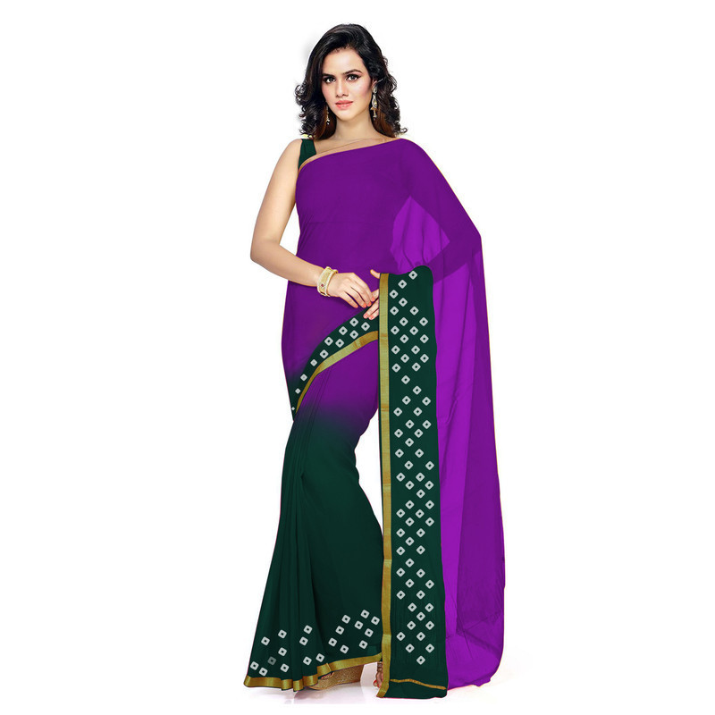 Purple with Green Silk Pure Georgette Sarees | Plain Georgette Sarees | Designer Saree Online