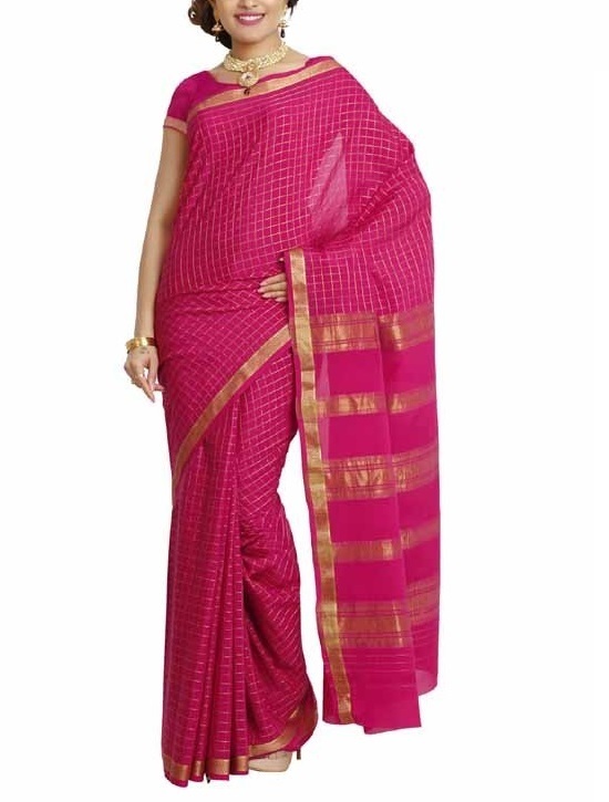 Gagri Pink Self  Coloured Checks Contrast Mysore Silk Saree | KSIC Sarees | Creape Saree | Mysore silk sarees online