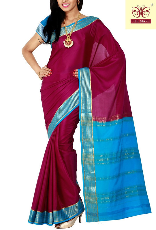 Dark Purple with Anandha Blue Mysore Silk Saree | KSIC Sarees | Creape Saree | Mysore silk sarees online