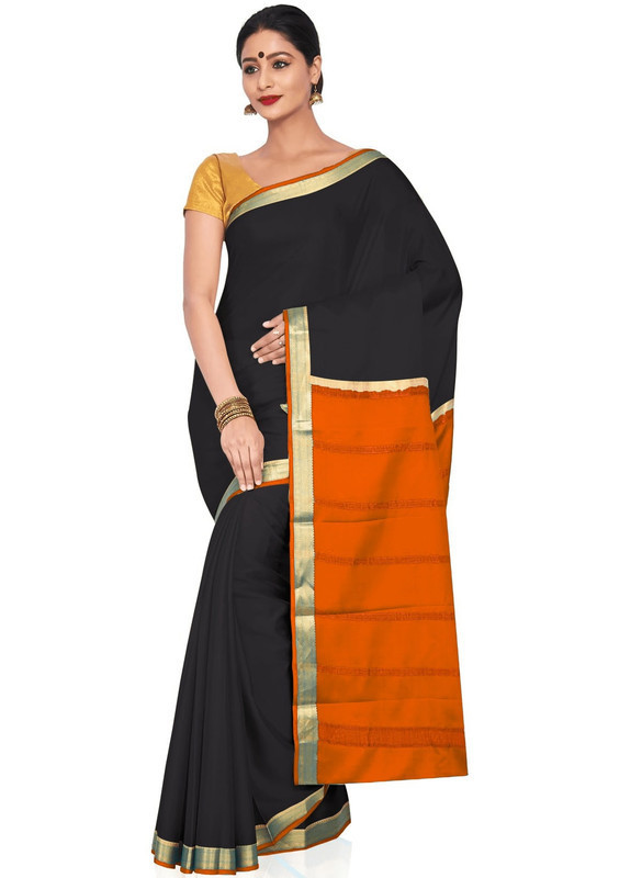 Black and Orange Mysore Silk Saree | KSIC Sarees | Creape Saree | mysore silk sarees online