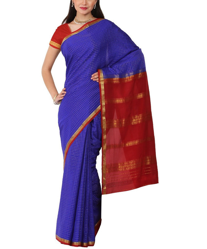 Sapphire Blue and Marron Checks Pure Mysore Silk Saree | KSIC Sarees | Creape Saree | Mysore silk sarees online