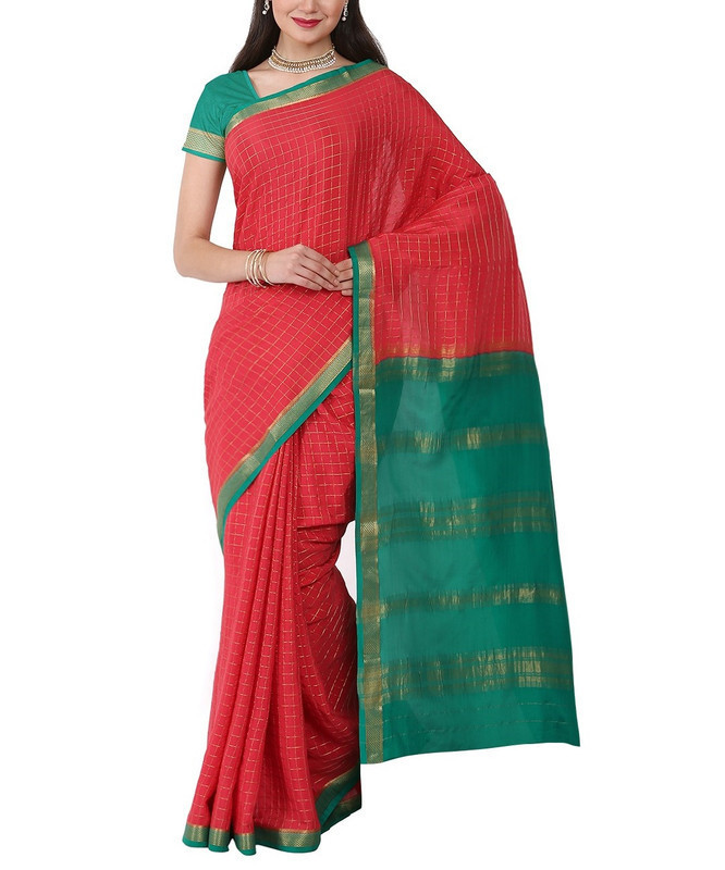 Tomato Red and Teal Green  Contrast Checks Pure Mysore Silk Saree | KSIC Sarees | Creape Saree | Mysore silk sarees online