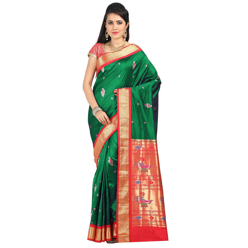 Paithani Pure Silk  Ink Blue with Red Border Meena Butta  Saree with Silk Mark