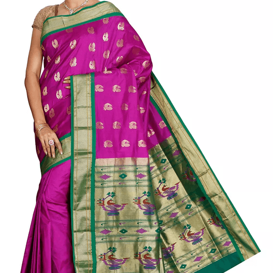 Paithani Pure Silk in Rani Pink with Green Contrast Border Meena Butta Saree with Silk Mark
