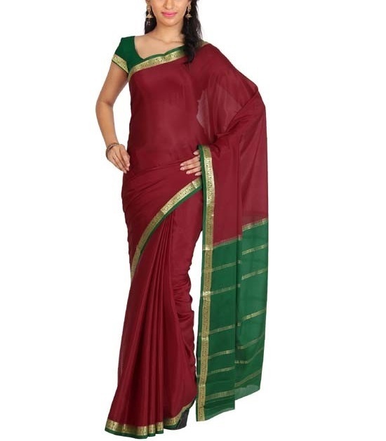 Marron with Green Mysore Silk Saree | KSIC Sarees Creape Saree | mysore silk sarees online | ksic sarees online shopping