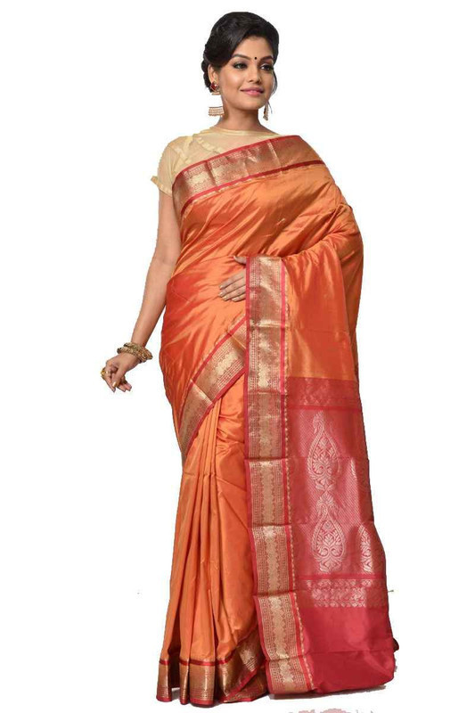 Orange and Red Kanchipuram Silk Sarees  Silk Saree  Saree Online  traditional kanchipuram silk sarees online shopping