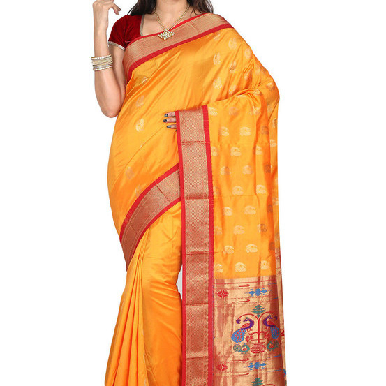 Paithani Pure Silk in Golden Orange with Red Contrast Border Meena Butta Saree with Silk Mark
