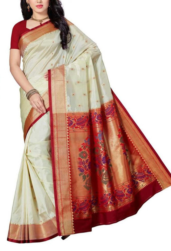 Tussar Cream and Red Paithani Sarees | Paithani sarees online | new Paithani sarees