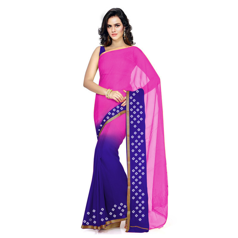Pink and Royal Blue Silk Pure Georgette Sarees | Plain Georgette Sarees | Designer Saree Online