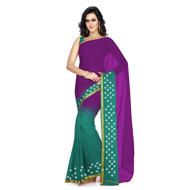 Purple and Teal Green Silk Pure Georgette Sarees | Plain Georgette Sarees | Designer Saree Online