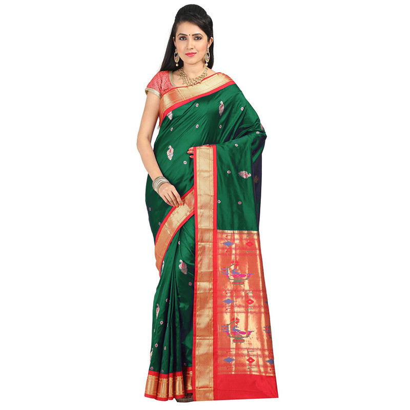 Paithani Pure Silk  in Red with Voilet Contrast Border Meena Butta Saree with Silk Mark
