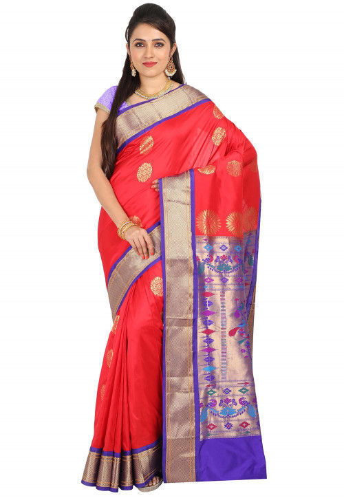 Paithani Pure Silk in Tomato Red with Voilet Contrast Border Meena Butta Saree with Silk Mark