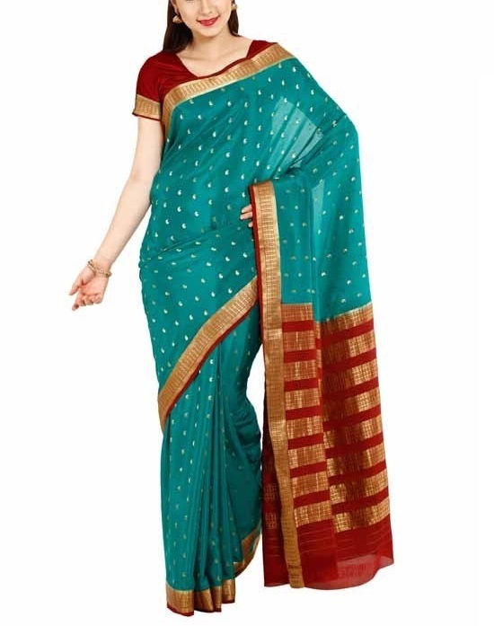 Teal Green with Red Mysore Silk Saree | KSIC Sarees | Creape Saree | Mysore silk sarees online