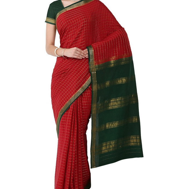 Tomato Red and Green Checks  Mysore Silk Saree | KSIC Sarees | Creape Saree | Mysore silk sarees online