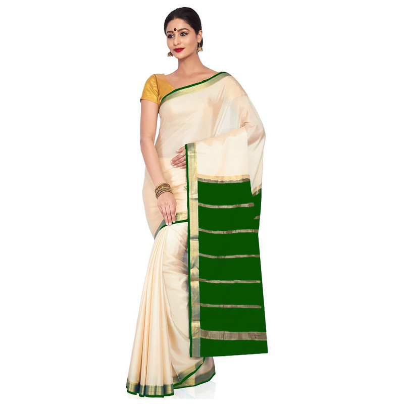 Tussar Cream with Leaf Green  Kerala sari | Onam Saree | Kasavu Saree | Kasavu Saree Online