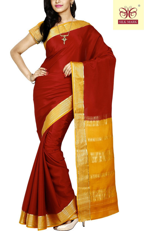 Marron with Mustard Orange Mysore Silk Saree | KSIC Sarees | Creape Saree | Mysore silk sarees online