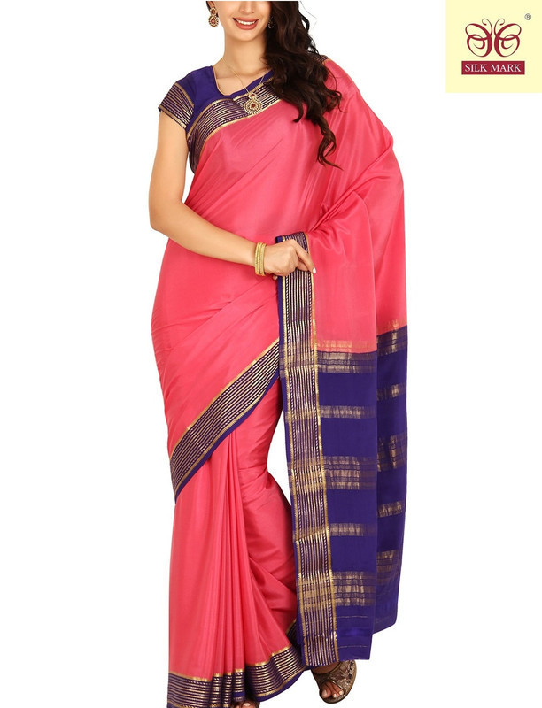 Peach Pink with Royal Blue Mysore Silk Saree | KSIC Sarees | Creape Saree | Mysore silk sarees online