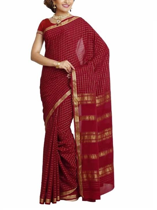 Marron Self Coloured Checks  Mysore Silk Saree | KSIC Sarees | Creape Saree | Mysore silk sarees online