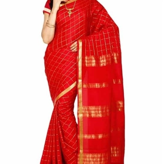 Tomato Red Self Coloured Checks Contrast Mysore Silk Saree | KSIC Sarees | Creape Saree | Mysore silk sarees online
