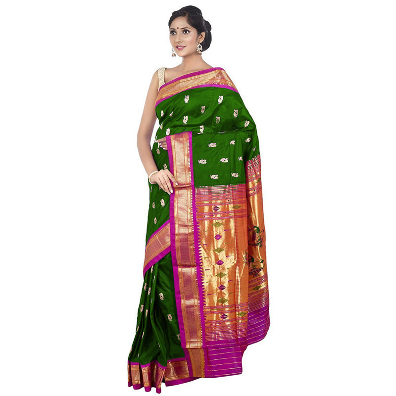 Paithani Pure Silk in Magenta with Voilet Contrast Border Meena Butta Saree with Silk Mark