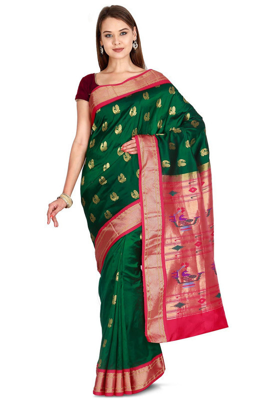 Paithani Pure Silk in Dark Green with Red Contrast Border Meena Butta Saree with Silk Mark