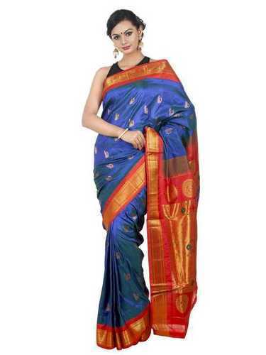 Paithani Pure Silk  in Blue with Red  Contrast Border Meena Butta Saree with Silk Mark