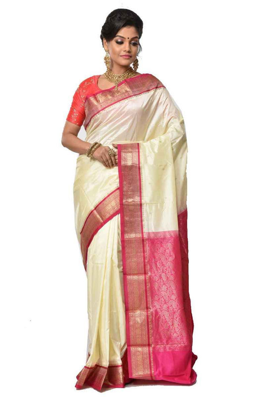 Tussar Cream and Rani Pink Kanchipuram Silk Sarees  Silk Saree  Saree Online  traditional kanchipuram silk sarees online shopping