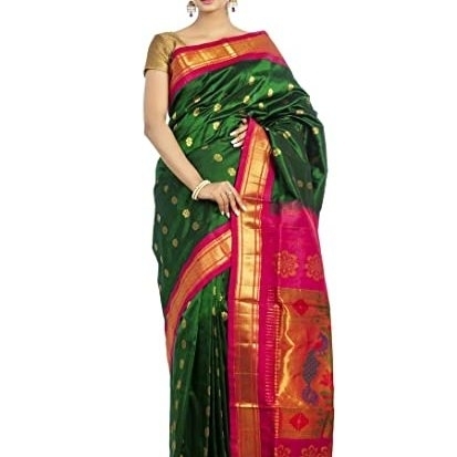 Paithani Pure Silk in Leaf Green with Rani Border Meena Butta  Saree with Silk Mark