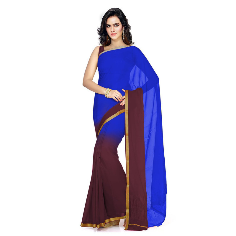 Royal Blue and Brown Pure Georgette Sarees | Plain Georgette Sarees | Designer Saree Online
