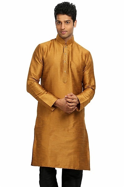 Metallic Gold Dupion Silk Mens Kurtha with White Pygama