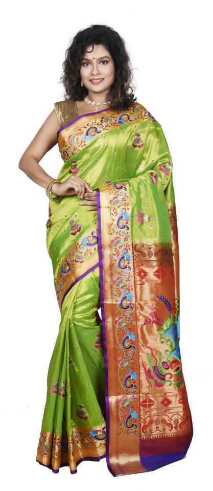Parrot Green and Voilet Allover Embroidery Fancy Paithani Art Silk Saree
