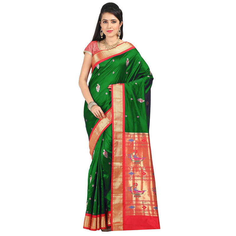 Paithani Pure Silk  in Orange with Green Contrast Border Meena Butta Saree with Silk Mark