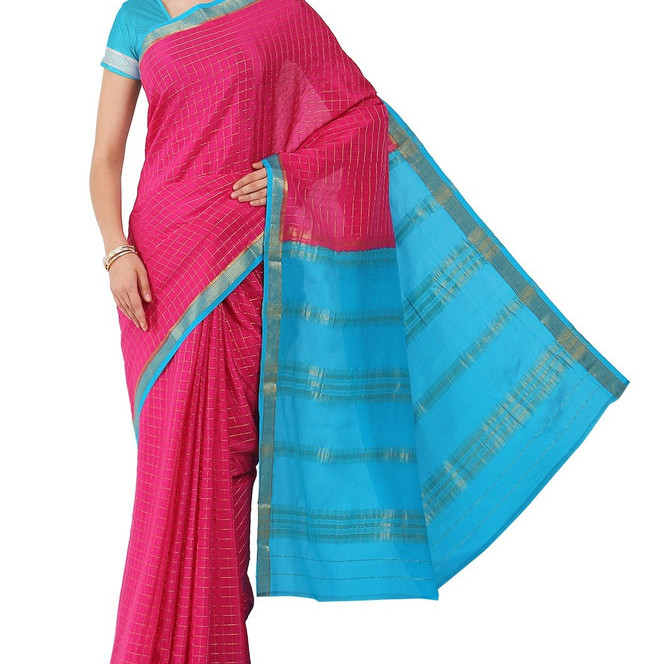 Gagri Pink and Anandha Blue Checks Pure Mysore Silk Saree | KSIC Sarees | Creape Saree | Mysore silk sarees online
