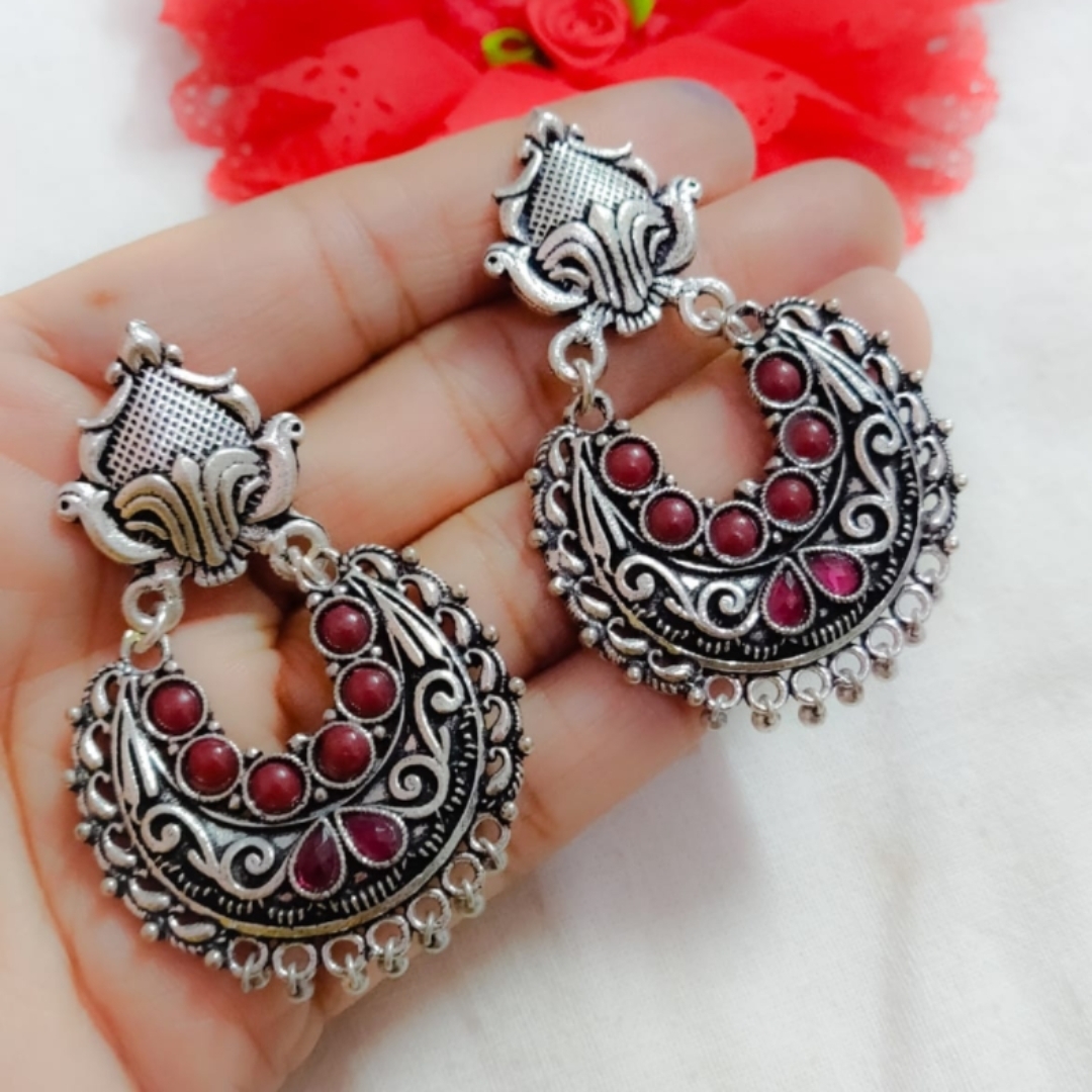 Oxidized earrings maroon stone