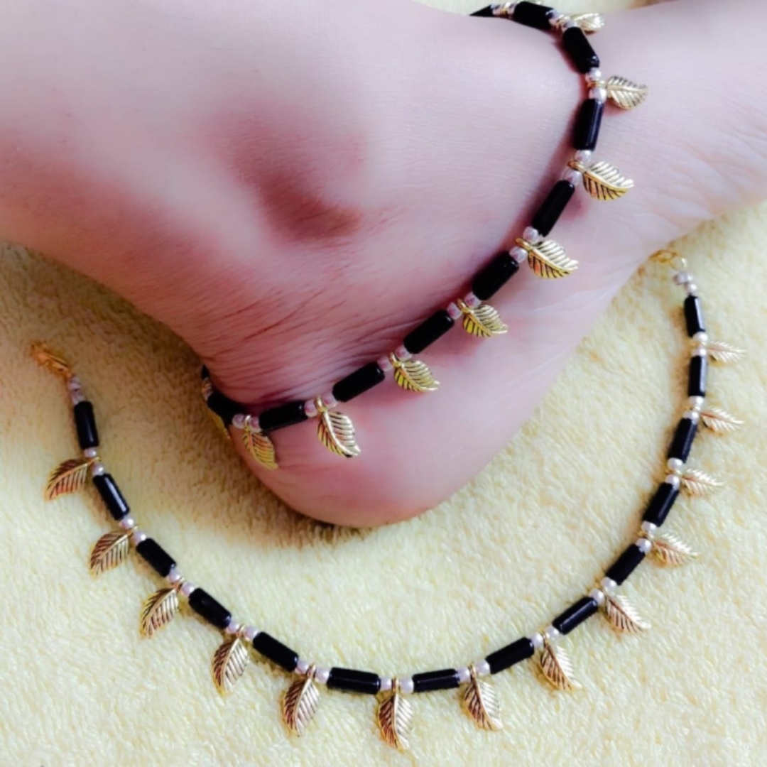 oxidized black anklets leaf shape