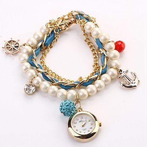 Ashiana stylish multi layer charm pearl and leather bracelet watch - light blue