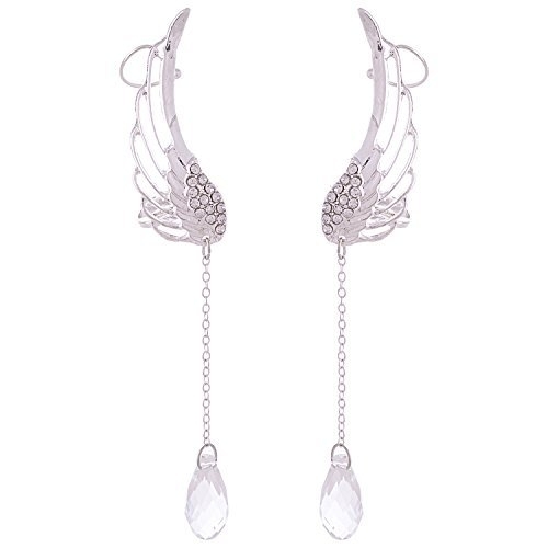 Ashiana Stunning crystal drop tassel Angel wings ear cuff Pair - Silver
