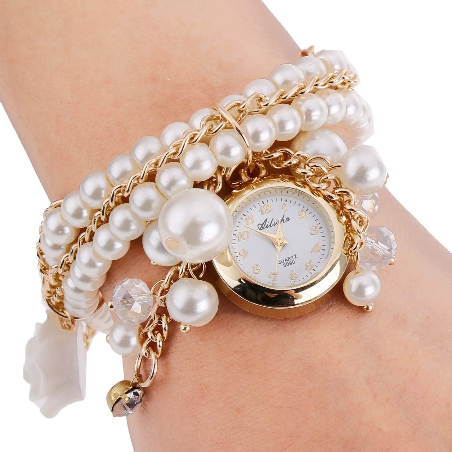 Ashiana stylish multi layer charm pearl bracelet style watch with White rose