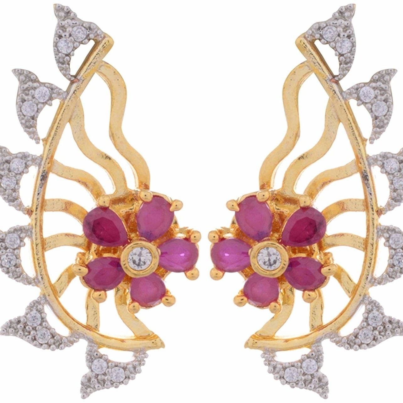 Ashiana Designer American Diamond Red Flower Ear Cuff Earring d2