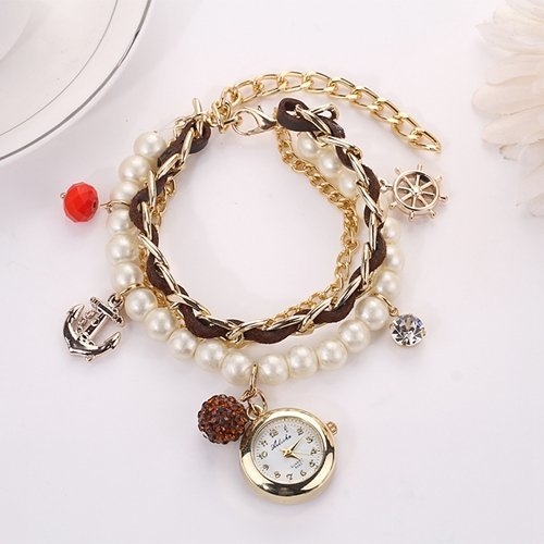 Ashiana stylish multi layer charm pearl and leather bracelet style watch - Brown